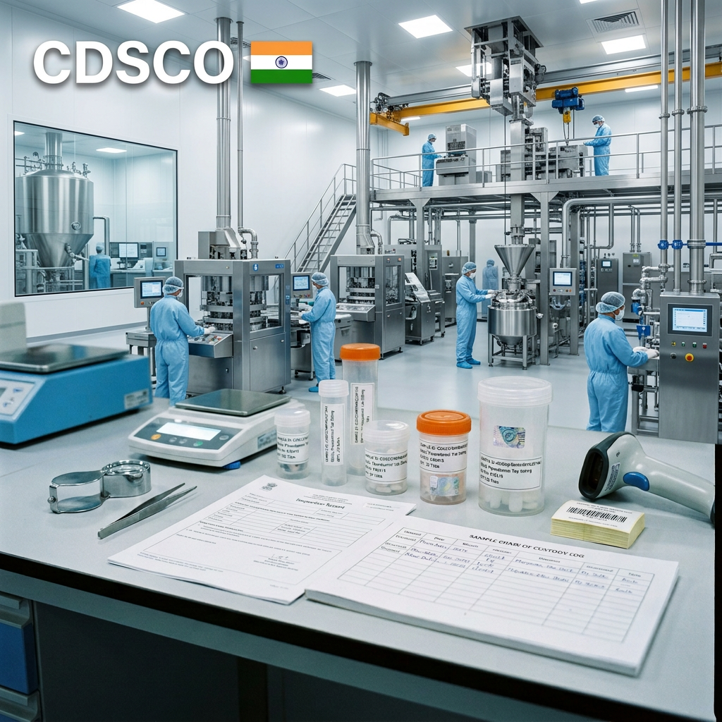 CDSCO, Indian flag, laboratory specimens, equipment, and sample chain of custody log